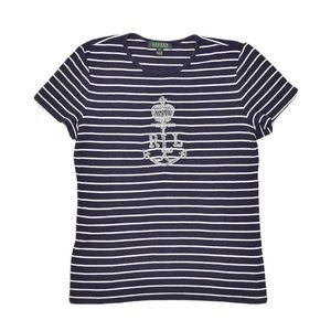 Ralph Lauren Women’s Blue White Stripes Fitted Classic Short Sleeves Top Medium